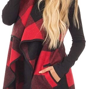 Women's Red and Black Plaid Sleeveless Cardigan - Vest
